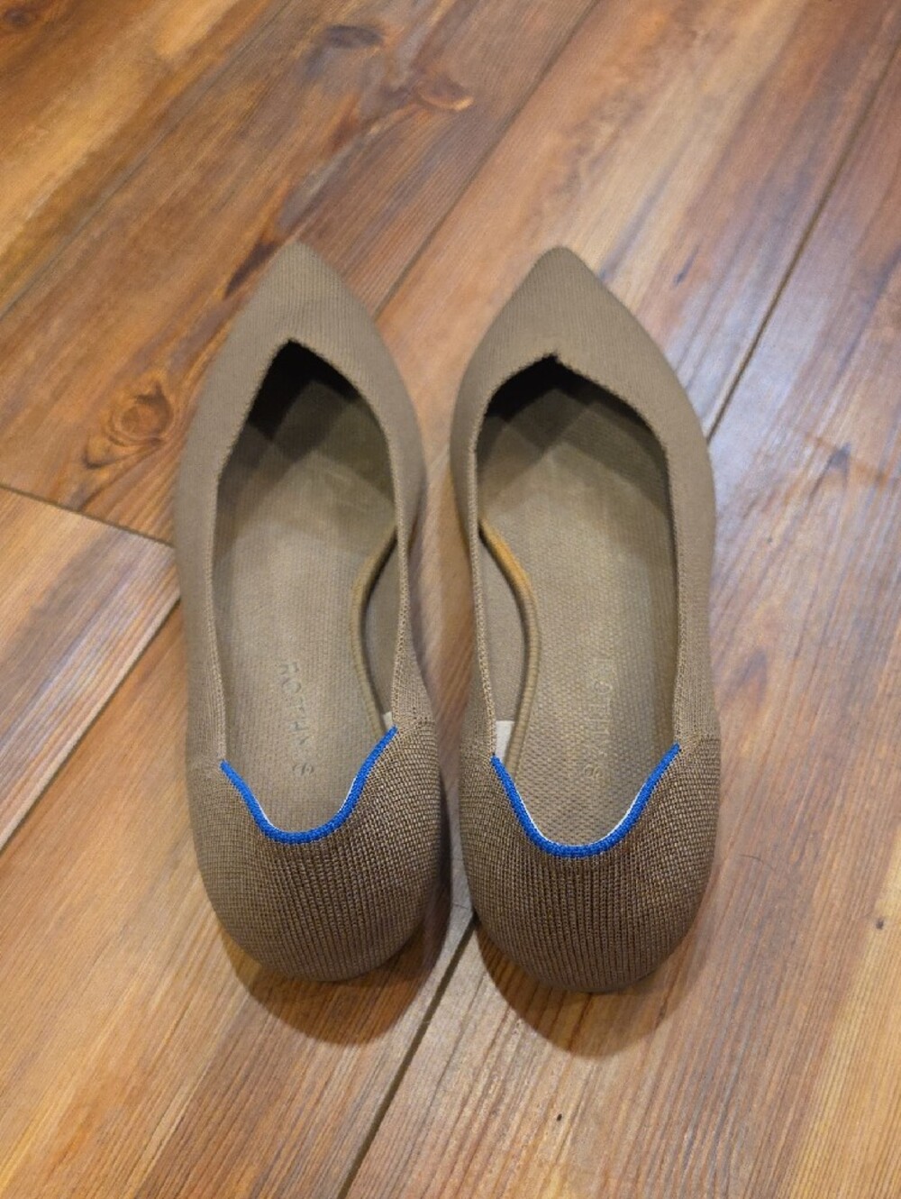 Rothy's Pointed Toe Knit Flats in Brown with Blue Trim - Picture 3 of 9